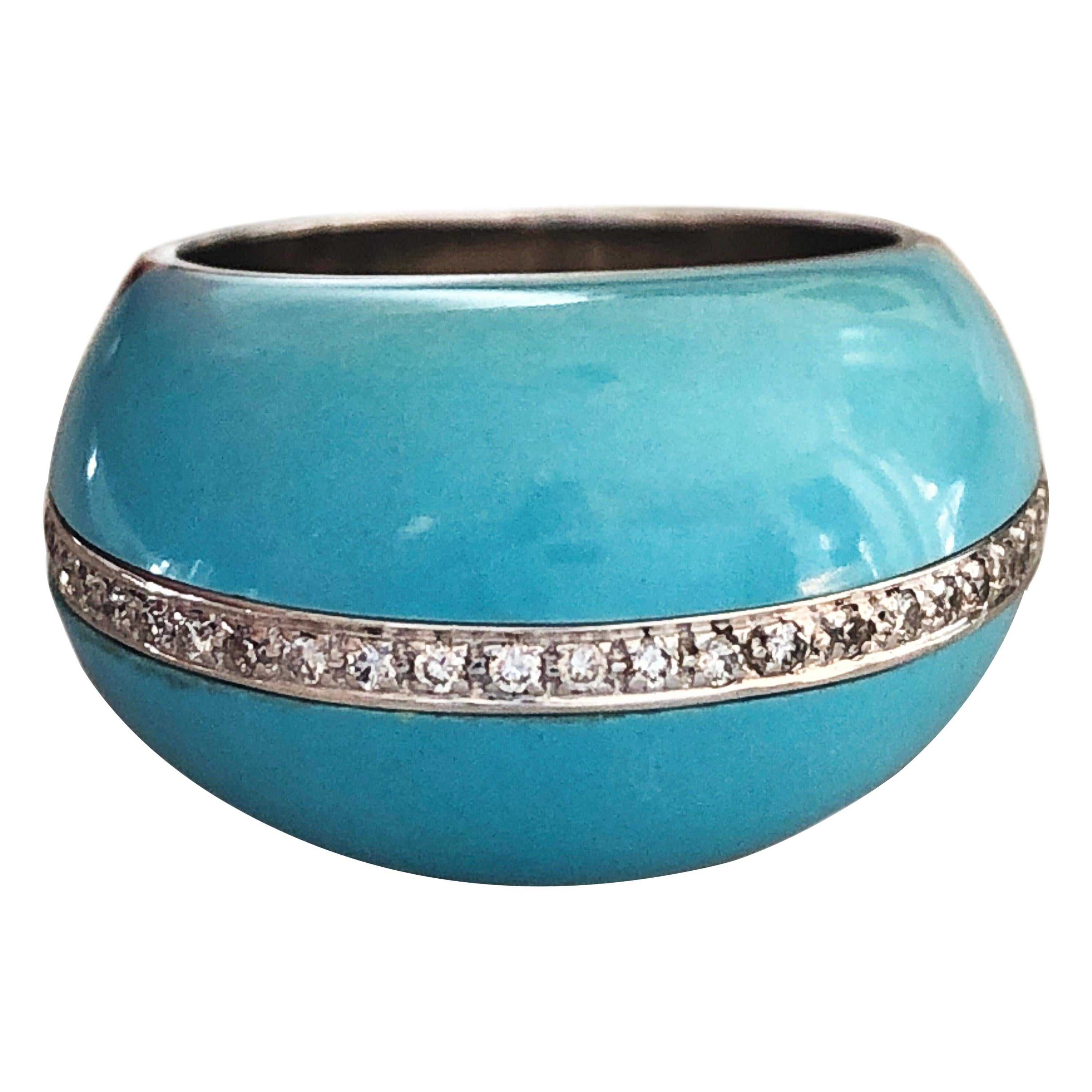 Berca 0.30Kt Diamond 21Kt Natural Hand Inlaid Turquoise White Gold Cocktail Ring