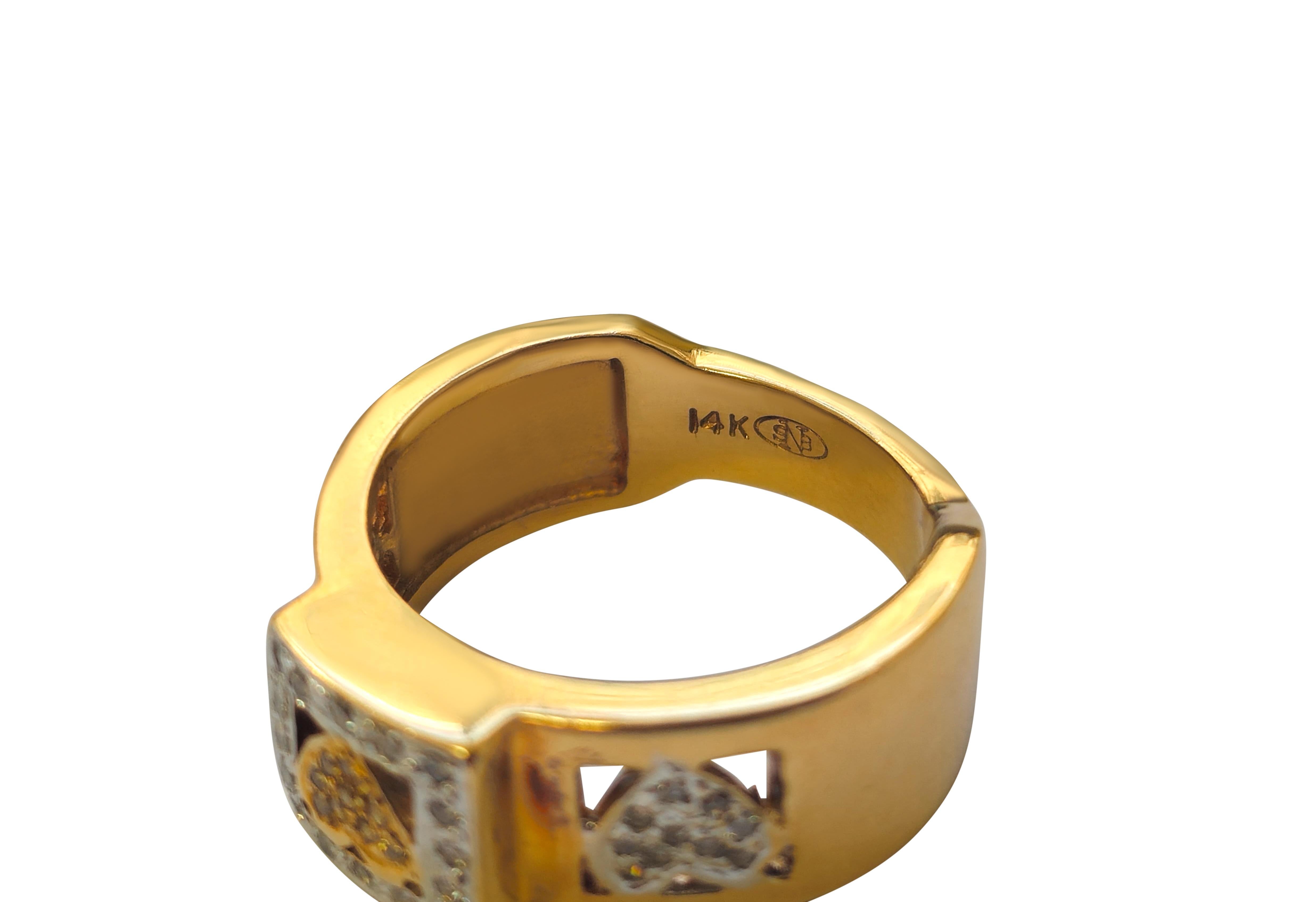 This 14k gold ring, weighing 8.2 grams, boasts a total of 0.30 carats of diamonds with SI1 clarity and G color, adding brilliance and sophistication. With a ring size of US 6.75, it offers a perfect fit for its wearer. The design exudes classic