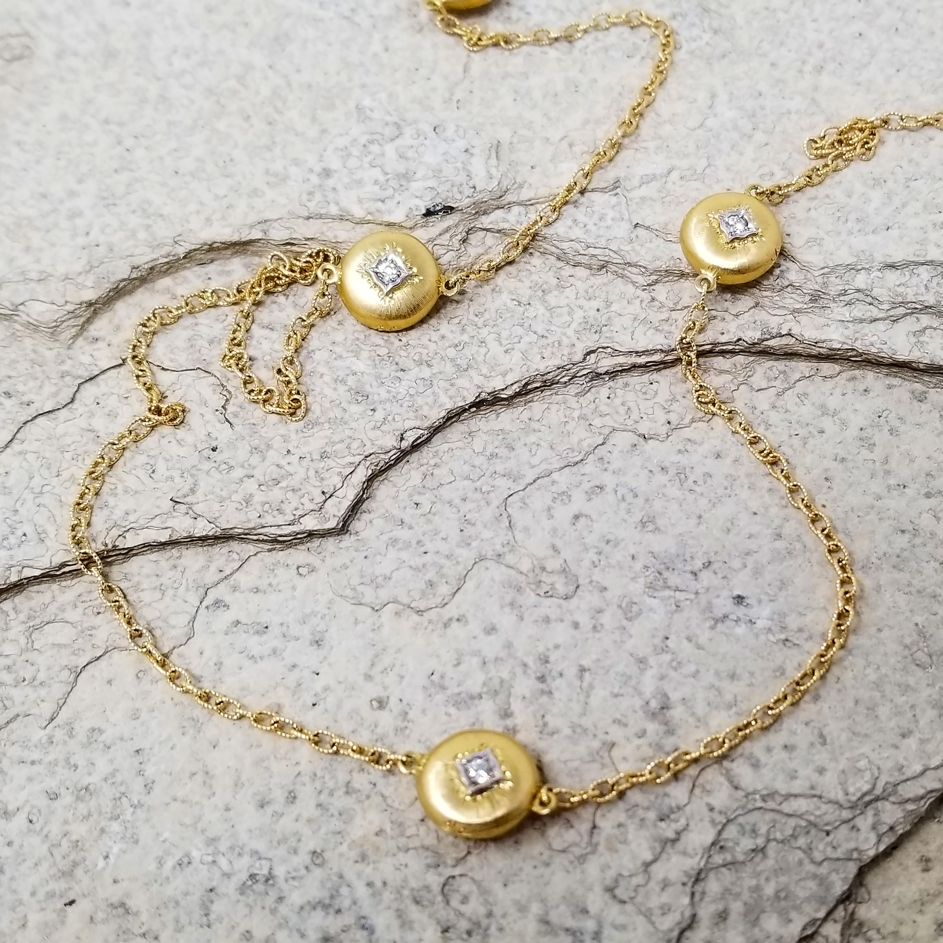 The Valentina station necklace is all about classic elegance in a casually cool style. This extra long diamond chain features eight handmade and hand-engraved diamond medallion. Each medallion is double-sided, so the diamonds are always showing as