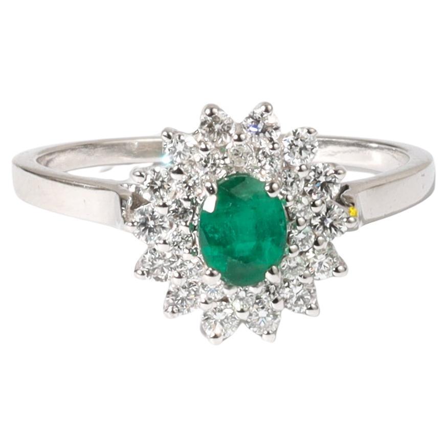 0.30ct Oval Emerald Double Halo Engagement Ring in 18K White Gold with Diamonds