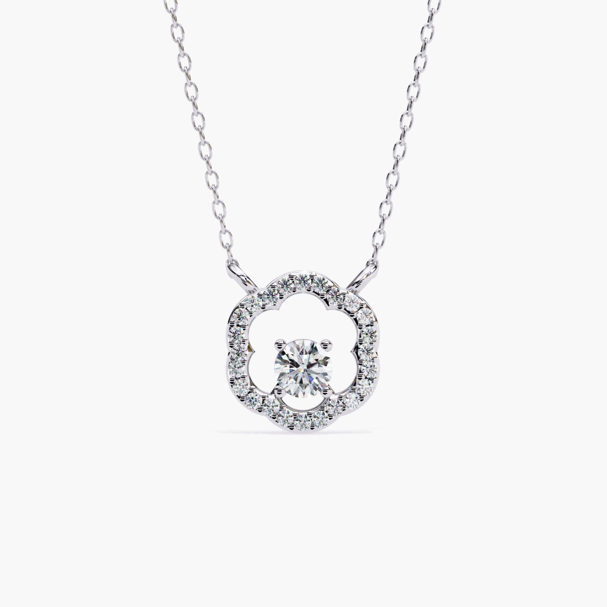 Round Cut 0.30ct Round Natural Diamond Floral Halo Necklace, 14k Solid Gold, SI GH For Sale