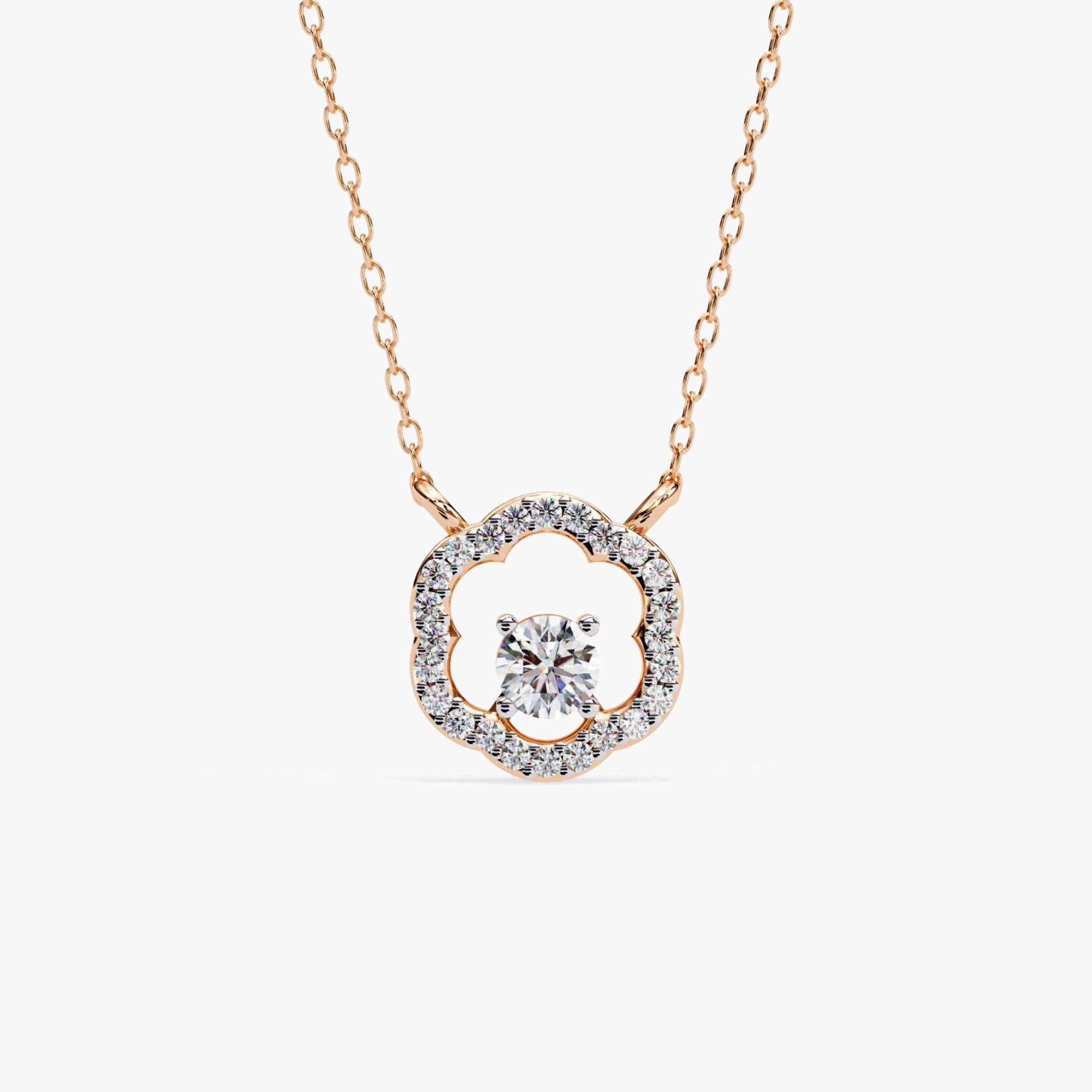 Women's 0.30ct Round Natural Diamond Floral Halo Necklace, 14k Solid Gold, SI GH For Sale