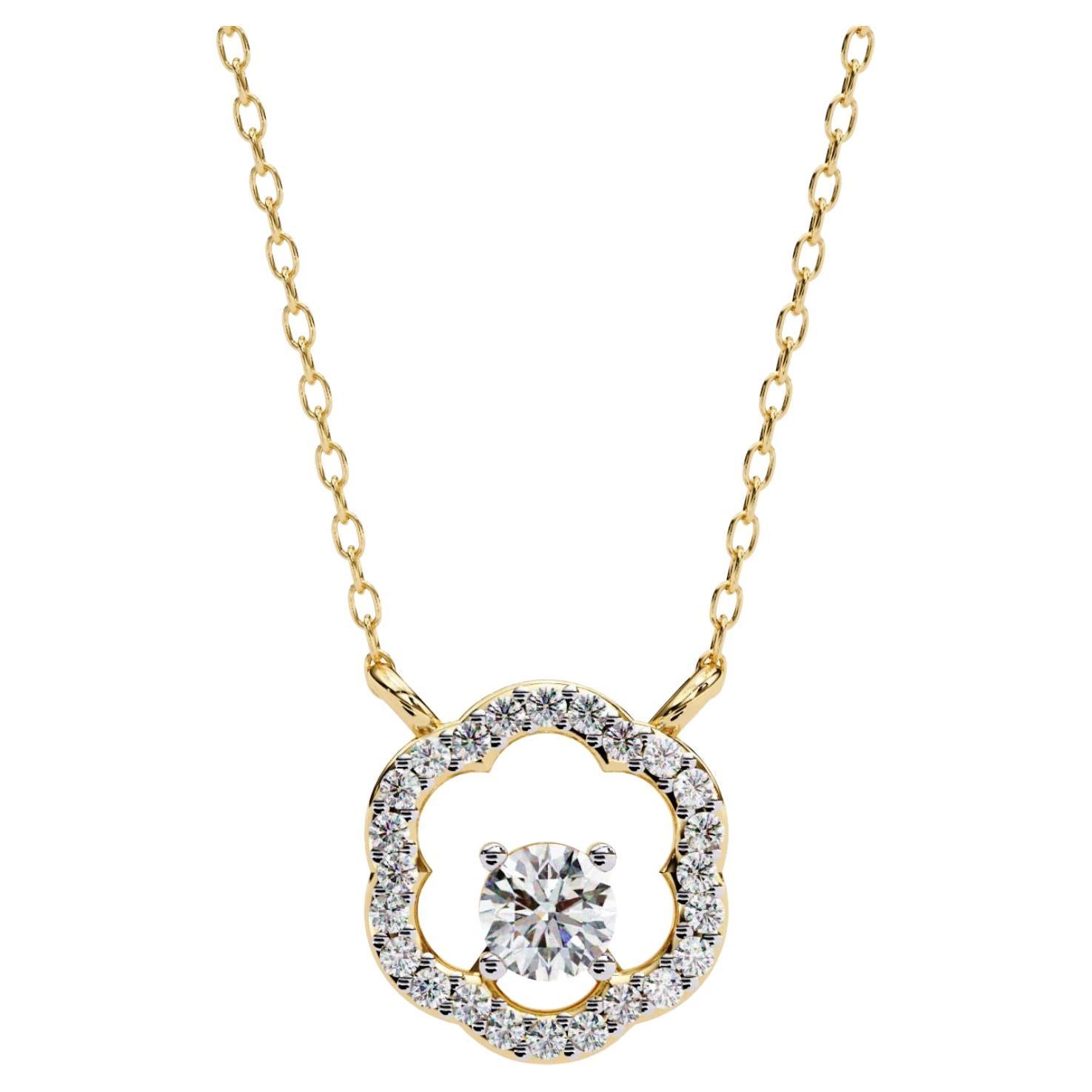 0.30ct Round Natural Diamond Floral Halo Necklace, 14k Solid Gold, SI GH