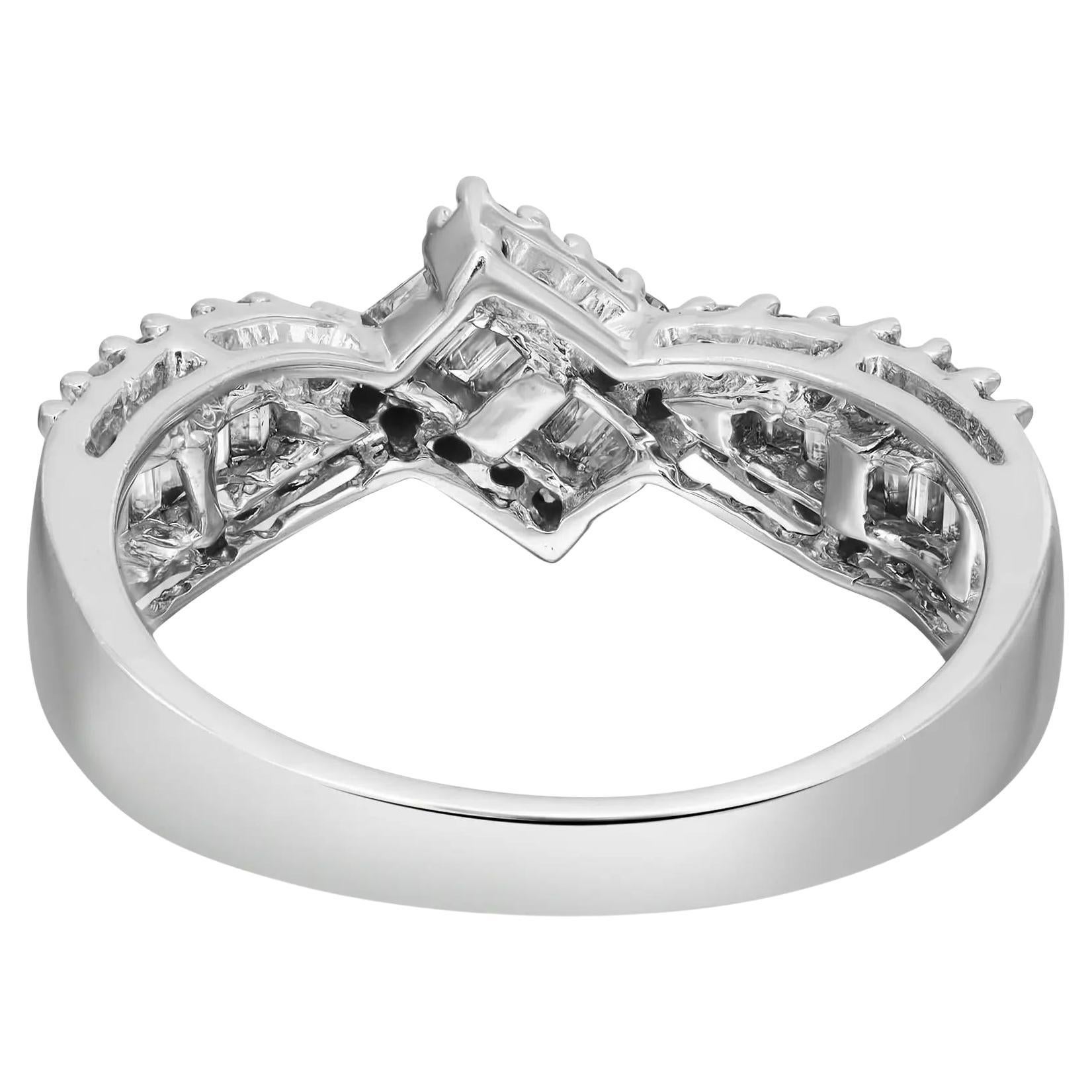 Beautiful and chic, natural diamond ladies cocktail ring crafted in 14k white gold. This fancy ring is highlighted with 0.30 carat of channel set baguette cut and 0.35 carat of prong set round cut dazzling diamonds with I color and SI1 clarity.