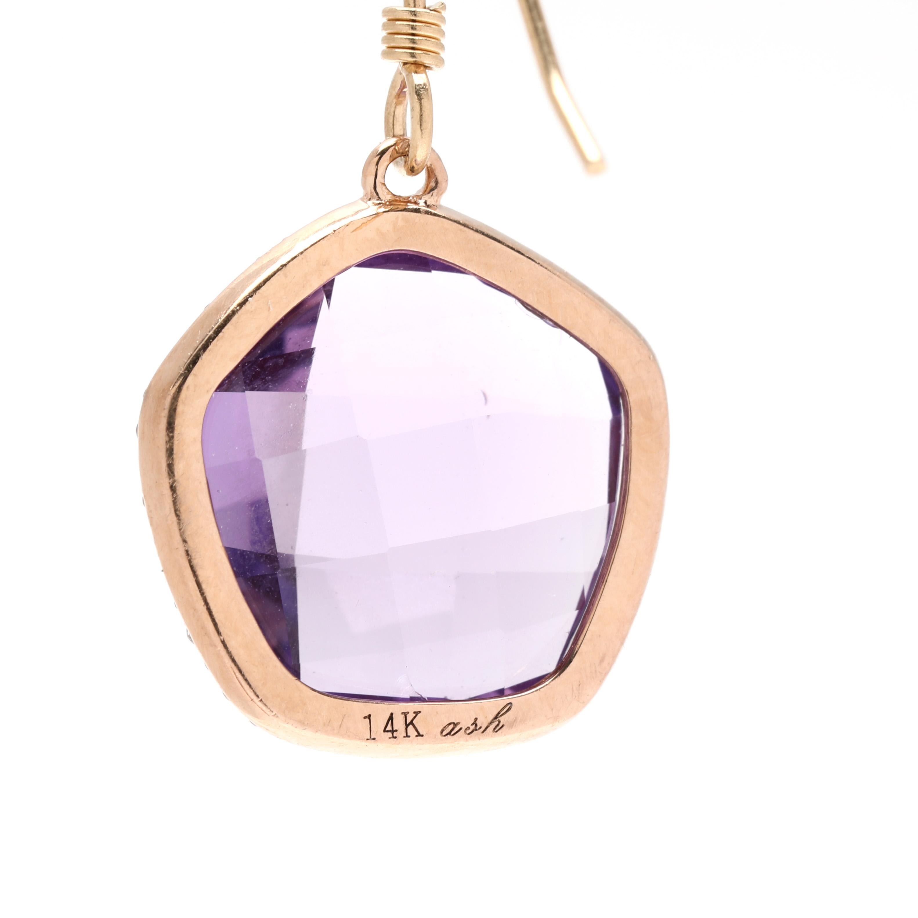 Taille simple Boucles d'oreilles pendantes en or jaune 14k, améthyste et diamant, 0.30ctw, longueur 1.25 in en vente