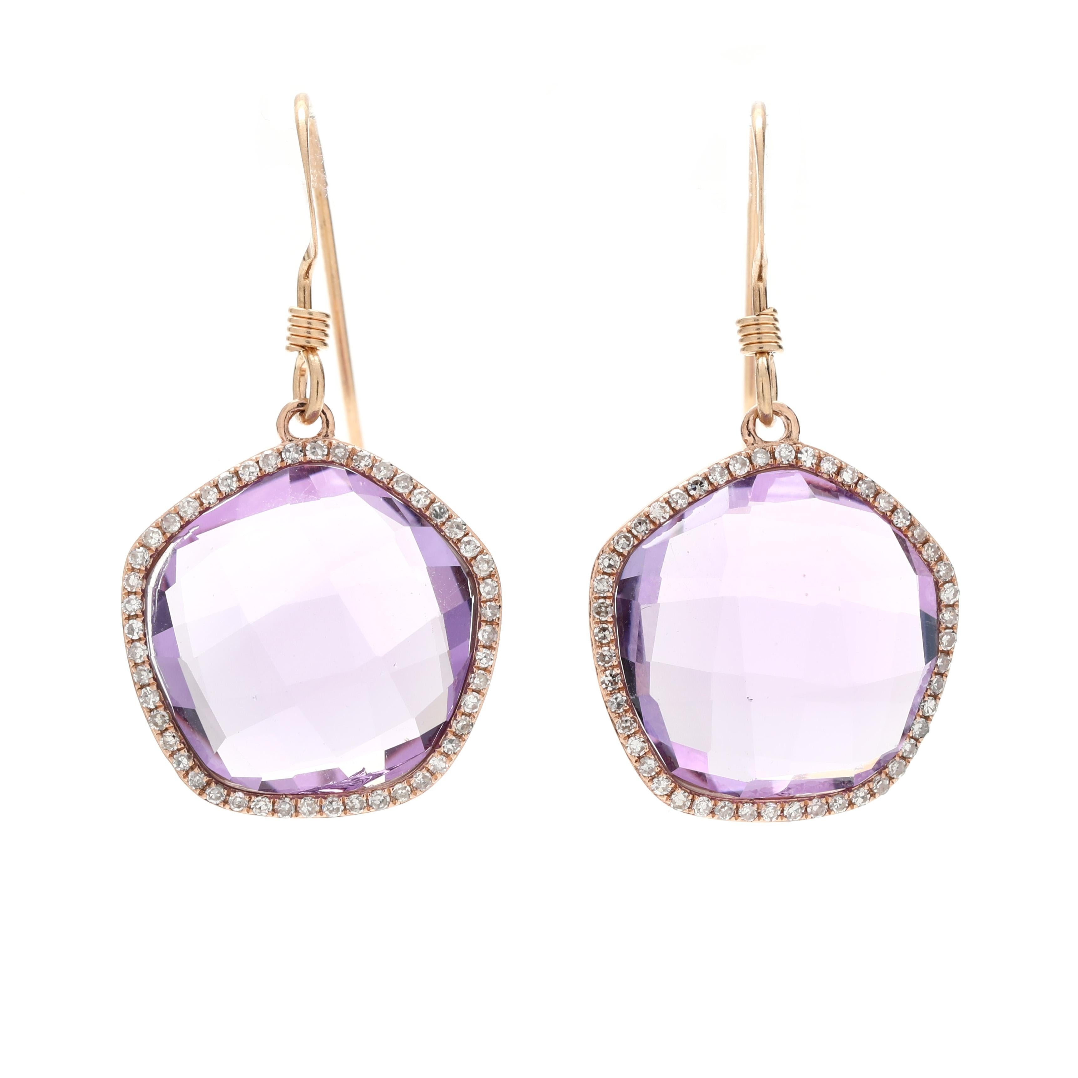 Boucles d'oreilles pendantes en or jaune 14k, améthyste et diamant, 0.30ctw, longueur 1.25 in Bon état - En vente à McLeansville, NC