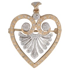 Colgante Broche Corazón Diamante 0.30ctw Alfiler Oro Amarillo Blanco 14k