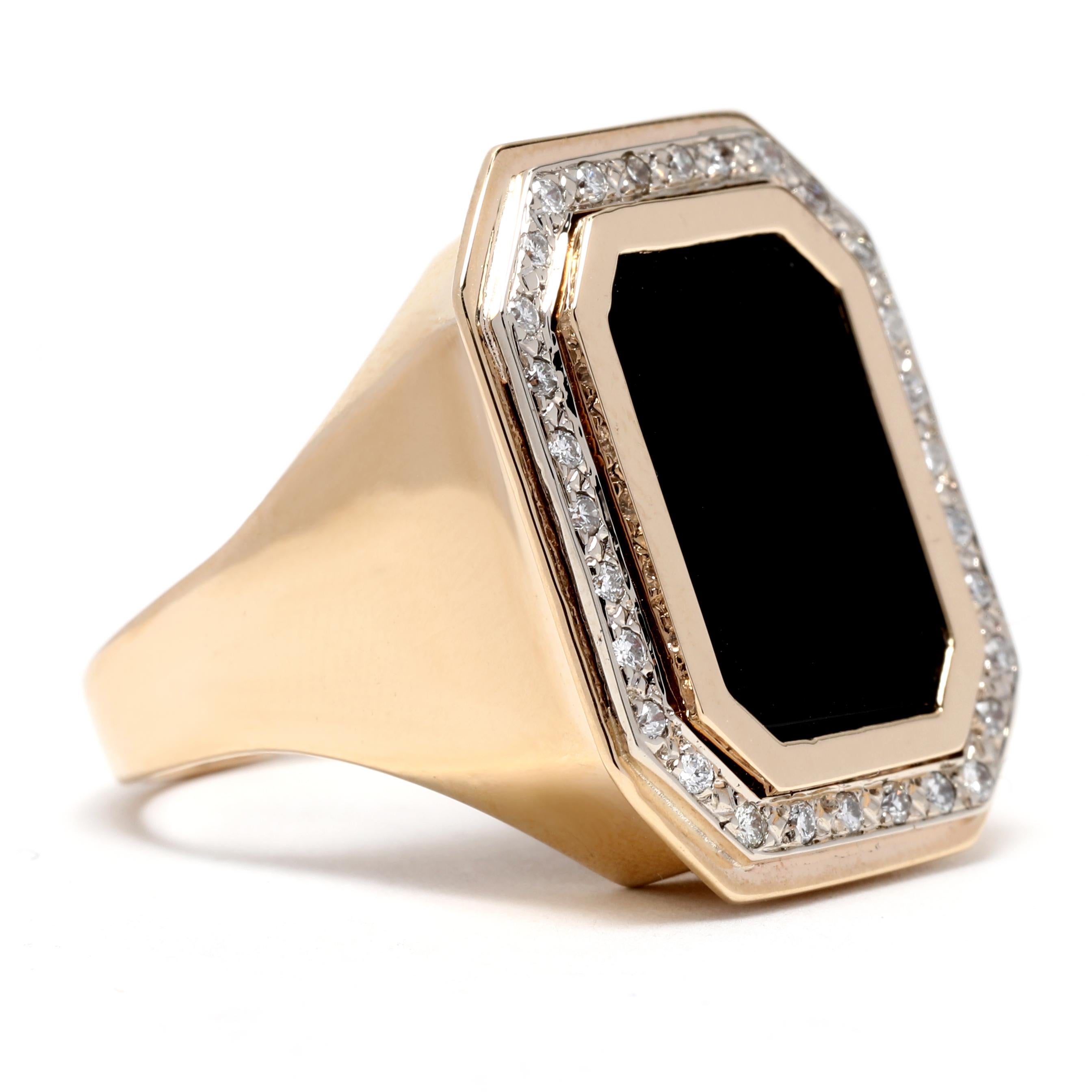 This 0.30ctw large black onyx diamond signet ring is a stunning addition to any jewelry collection. Crafted in 14K yellow gold, this ring features a round black onyx center stone surrounded by diamond accents. The perfect accessory for any occasion,