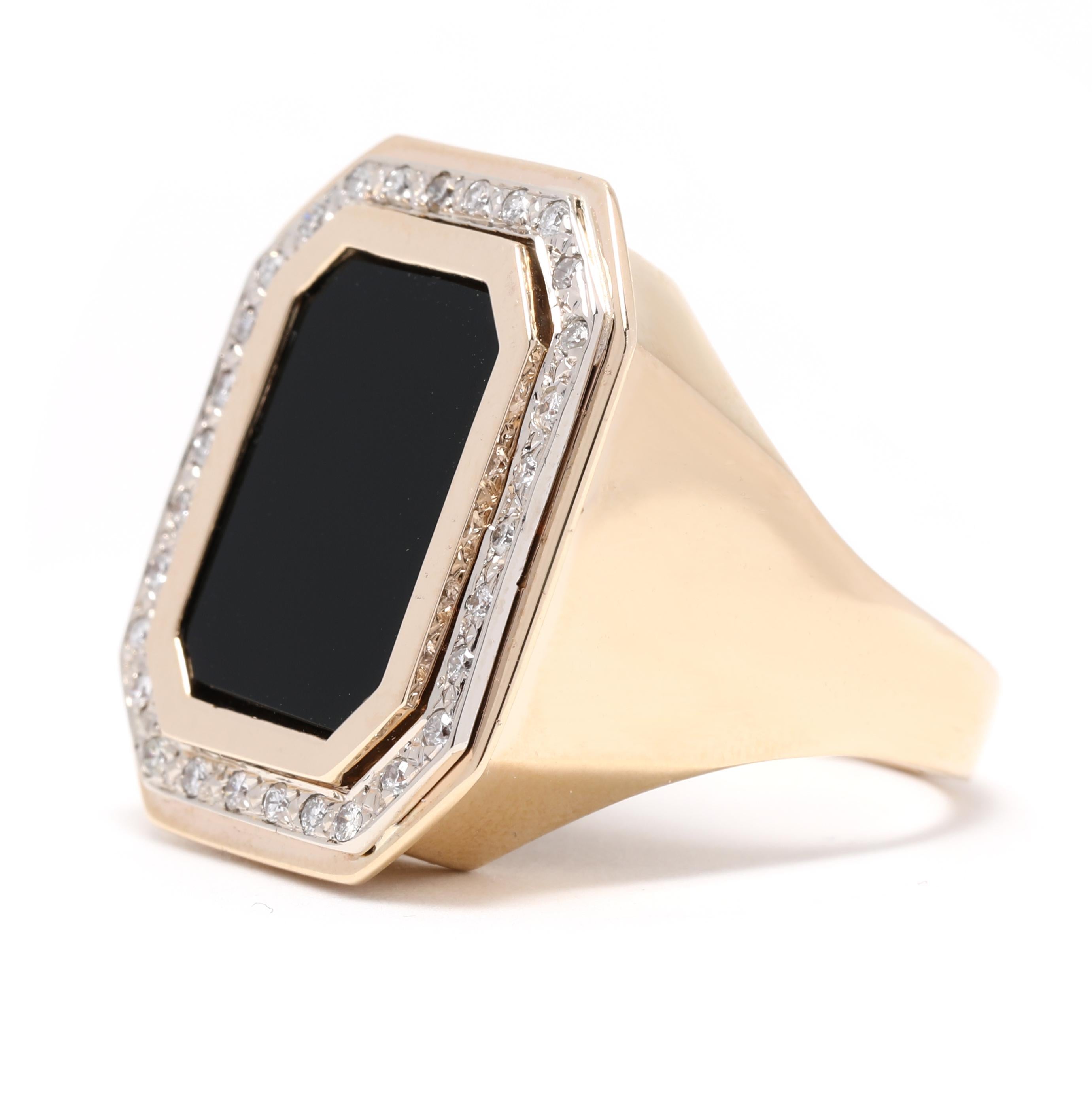 Emerald Cut 0.30ctw Large Black Onyx Diamond Signet Ring, 14k Yellow Gold, Ring