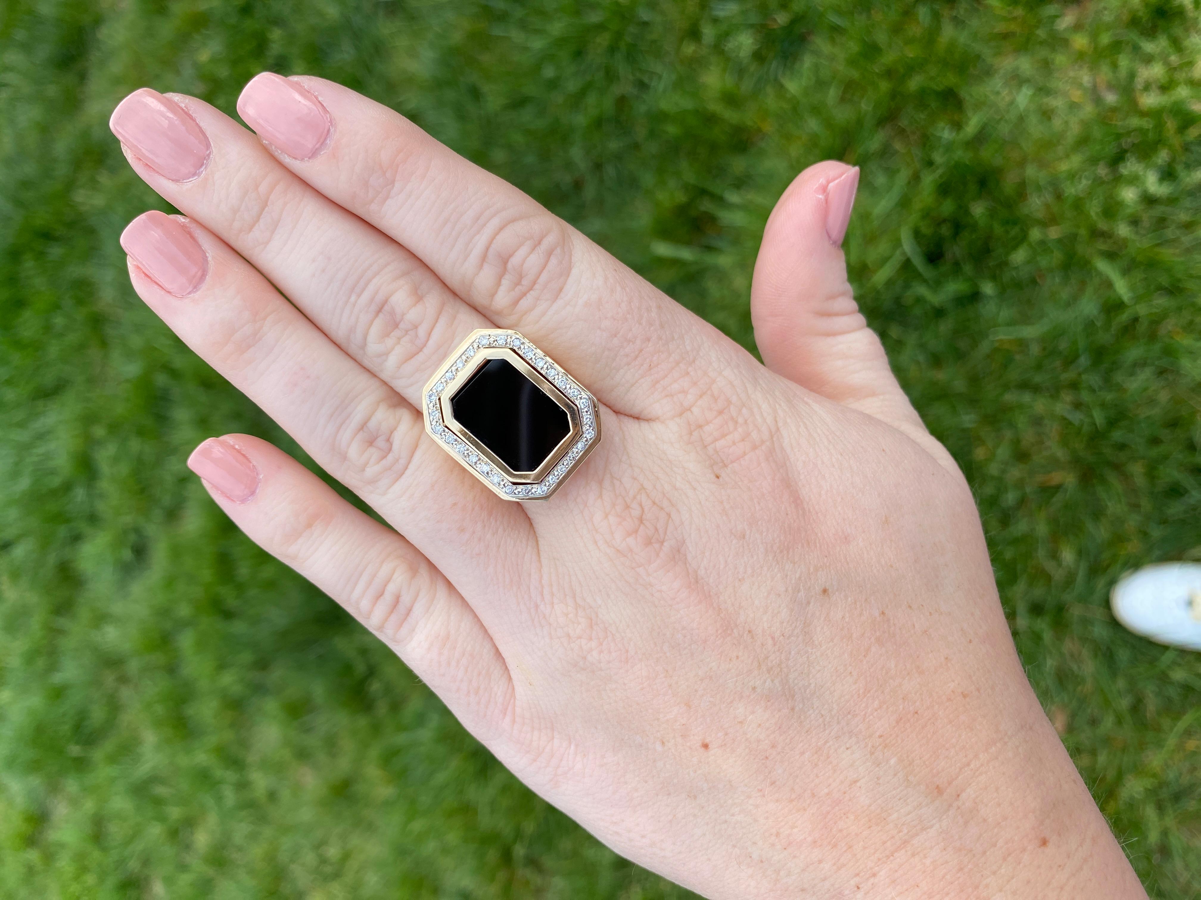 Women's or Men's 0.30ctw Large Black Onyx Diamond Signet Ring, 14k Yellow Gold, Ring