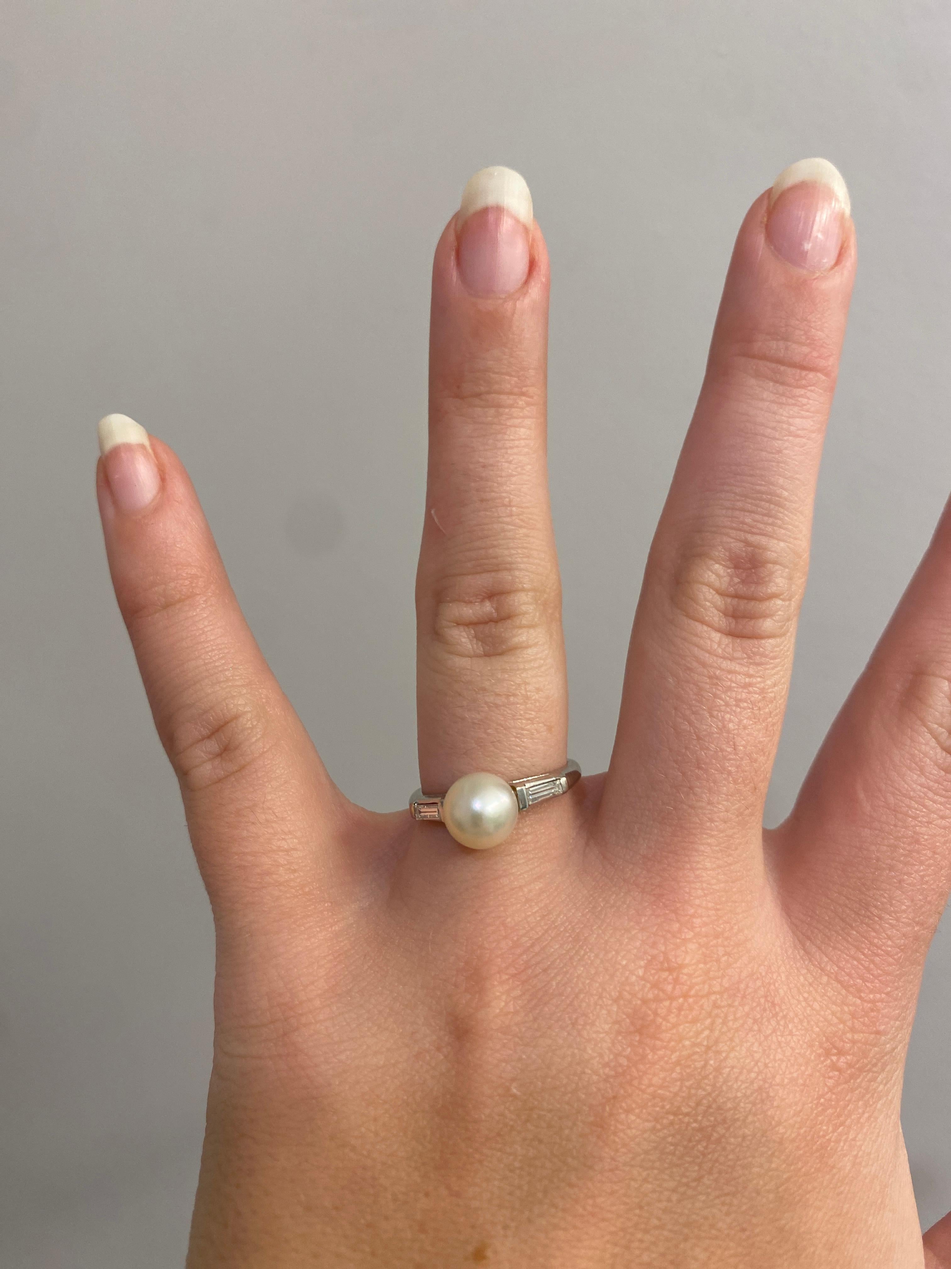 Baguette Cut 0.30ctw Pearl Baguette Diamond Engagement Ring, Platinum, Ring, Pearl