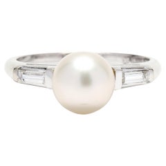 0.30ctw Pearl Baguette Diamond Engagement Ring, Platinum, Ring, Pearl