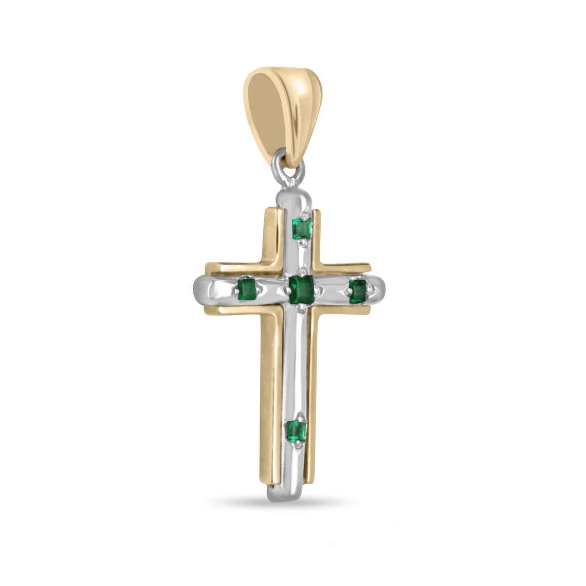 Behold the exquisite Colombian Emerald Gold Cross, a testament to beauty and craftsmanship. This stunning piece features five princess-cut emeralds adorning each point of the cross, radiating elegance with their rich, verdant green hue. The