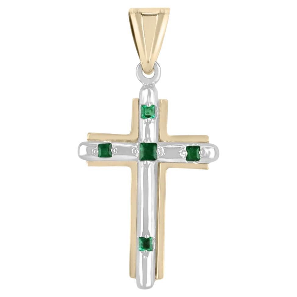 0.30tcw 14K Rich Green Colombian Emerald Princess Cut Gold Cross Pendant 585 For Sale