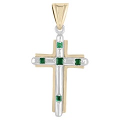 0.30tcw 14K Rich Green Colombian Emerald Princess Cut Gold Cross Pendant 585