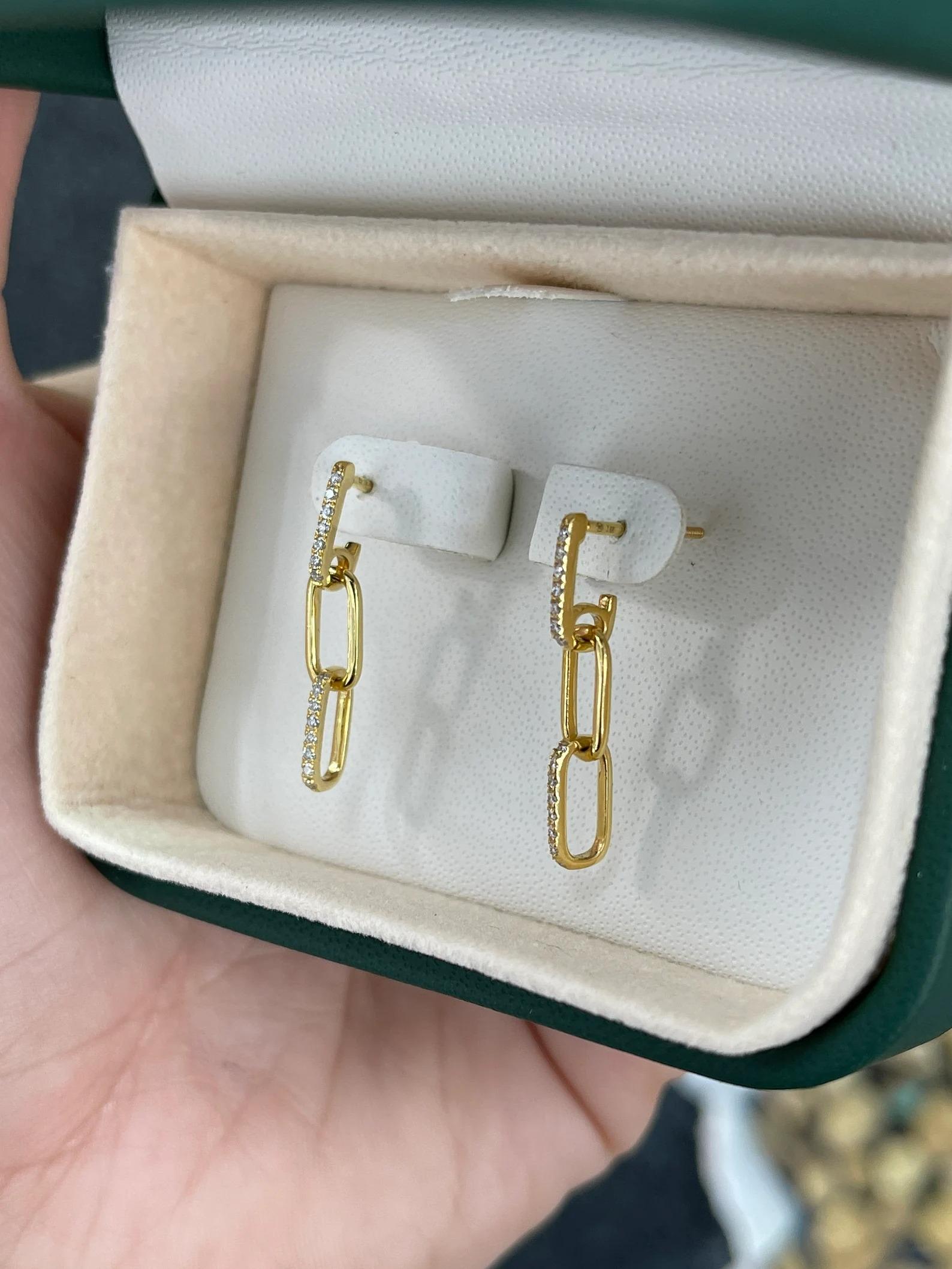 Brilliant Cut 0.30tcw Dainty Natural Diamond Paperclip Trendy / Modern Dangle Earrings 14K For Sale