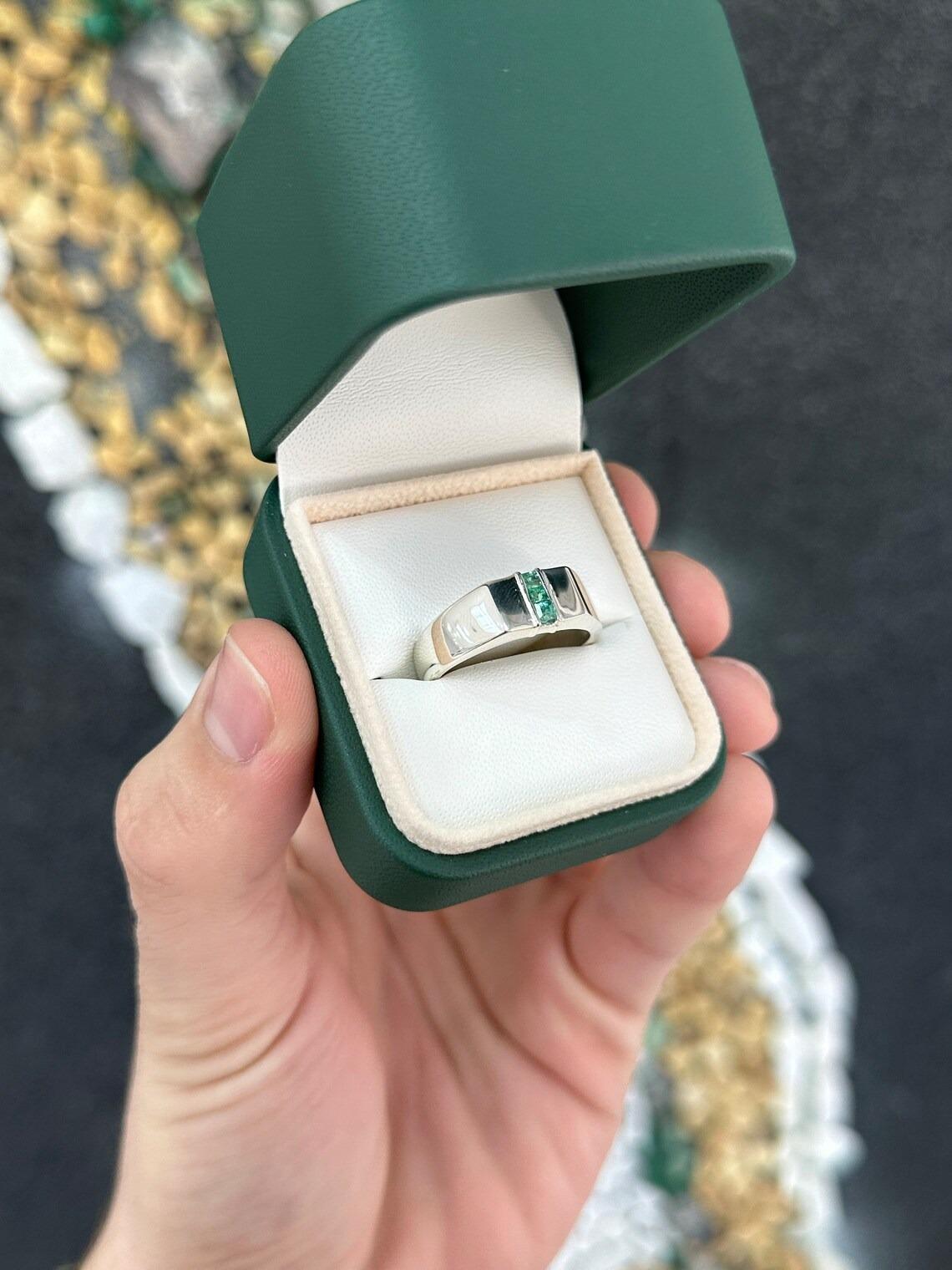 0.30tcw SS Men's Spring Green Princess Emerald Vertical 3 Stone Solitaire Ring For Sale 2