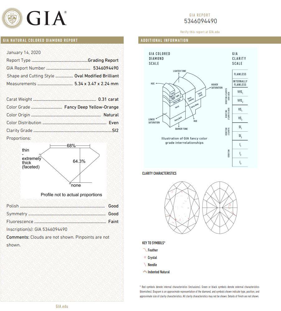 Diamant de taille ovale jaune foncé orange fantaisie de 0,31 carat, pureté SI2, certifié GIA en vente 1