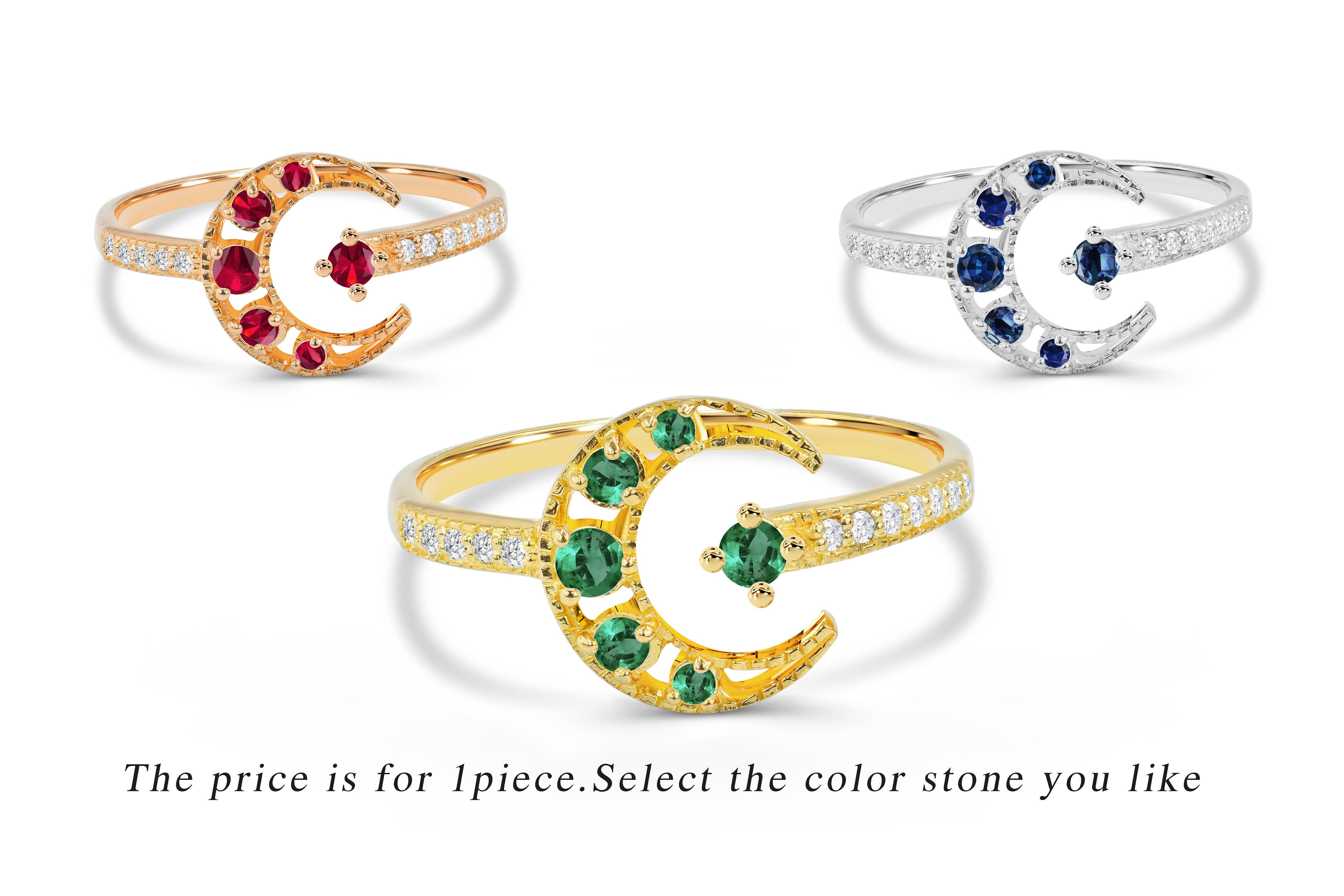For Sale:  0.31 Ct Emerald, Ruby and Sapphire Crescent Moon Diamond Ring in 14K Gold