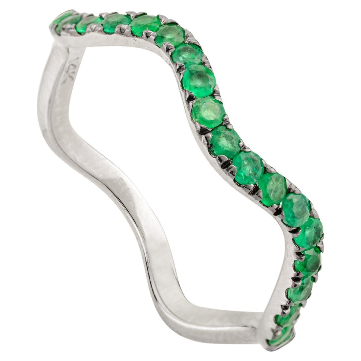 For Sale:  0.31ct Handcrafted Zambian Emerald in 14k Solid White Gold Wavy Ring For Woman