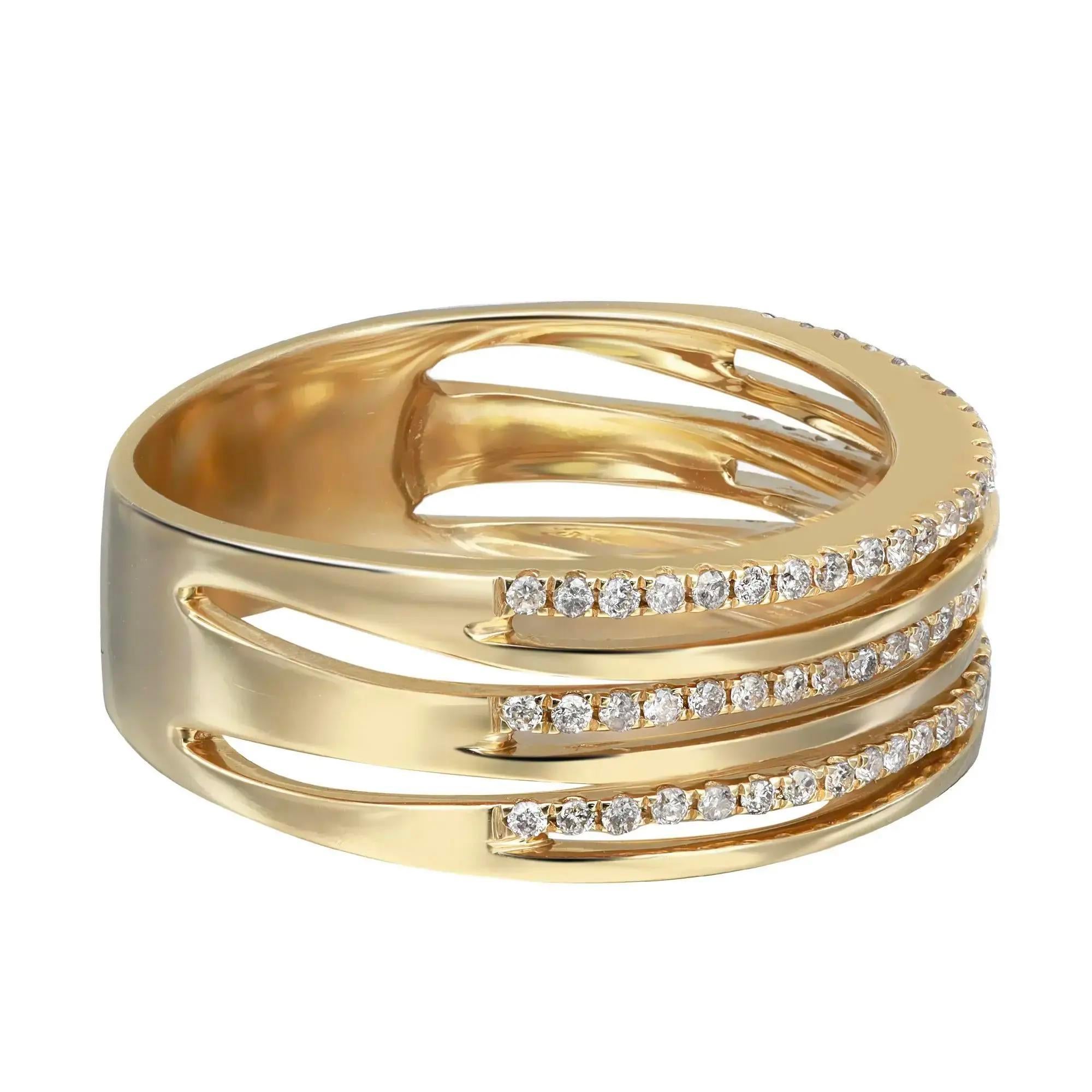 Stunning and elegant diamond wide band ring. This ring features prong set tiny round brilliant cut diamonds in alternating multi rows. Crafted in high polished 14K yellow gold. Total diamond weight: 0.31 carat with color I and SI1 clarity. Ring