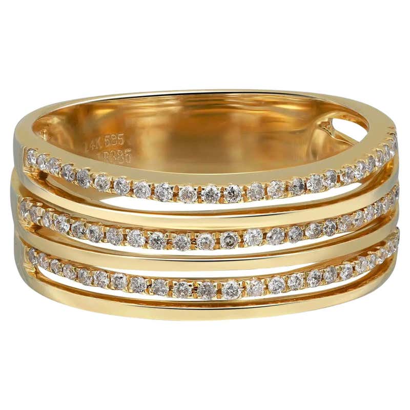 14K Yellow Gold Modern Three Rows Beaded Pattern Prong Set Diamond Band ...