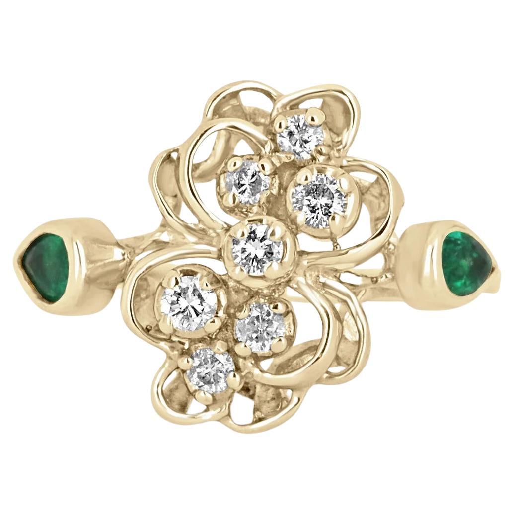 0.31tcw 14K Colombian Emerald-Pear Cut & Diamond Cluster Gold Abstract Ring For Sale