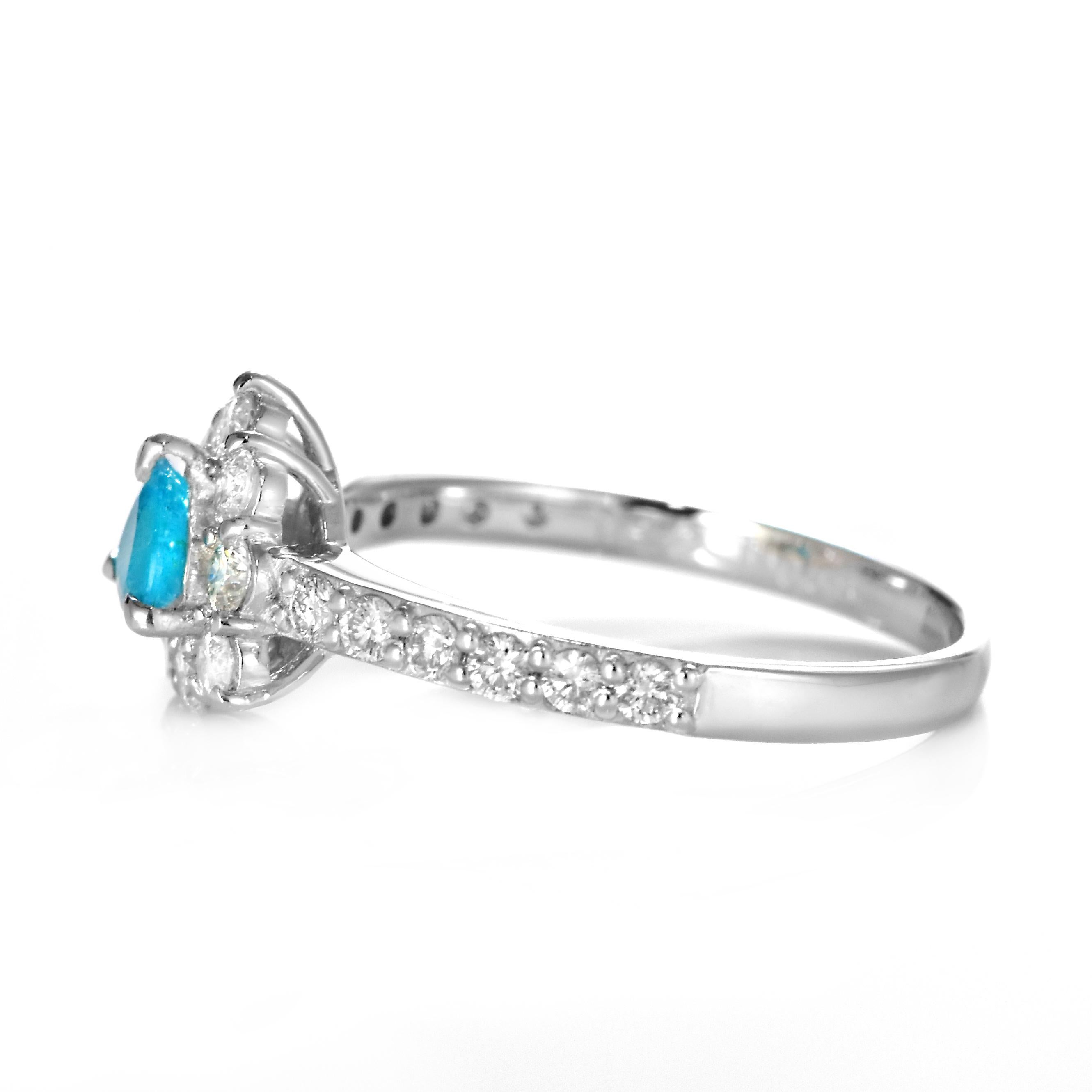 Women's 0.32 Carat Brazilian Paraiba Tourmaline and Diamond Ring Made in Platinum For Sale