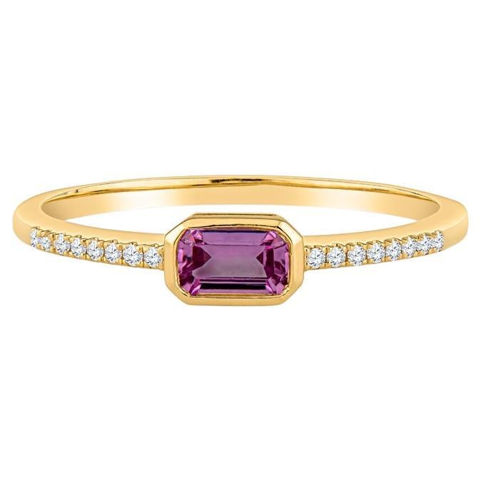 0.32 Carat Emerald Cut Pink Sapphire & 0.05ctw Diamond 14 Karat Yellow Gold Band For Sale