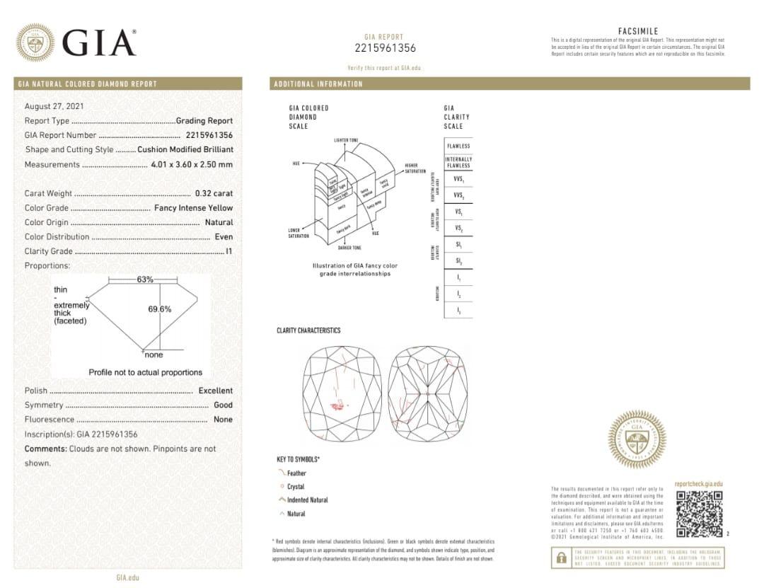 Women's or Men's 0.32 Carat Fancy Intense Yellow Cushion shaped diamond I1 Clarity GIA Certified For Sale