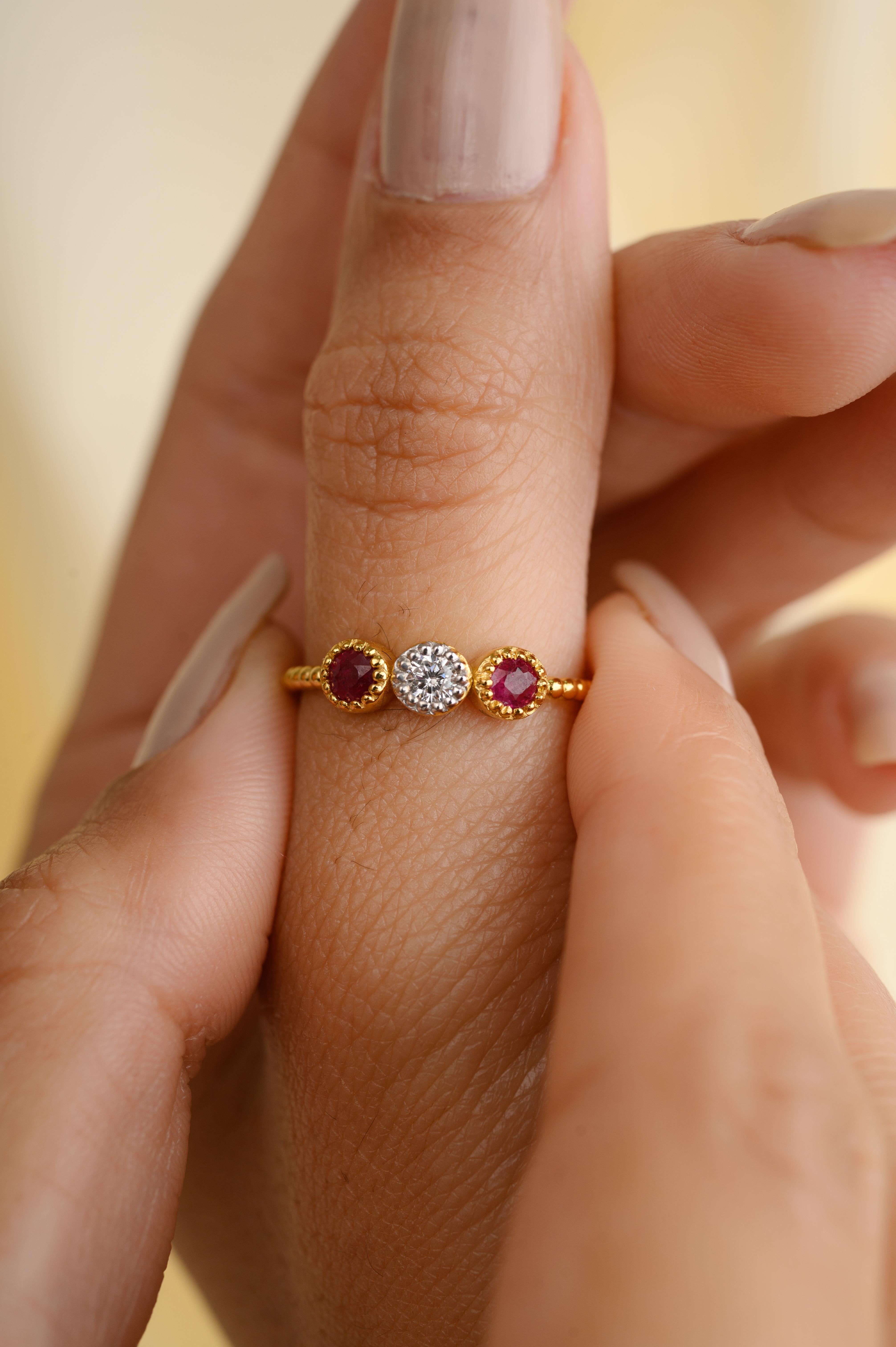 For Sale:  Dainty Diamond Cluster and Ruby Three Stone Everyday Ring in 18k Yellow Gold 2