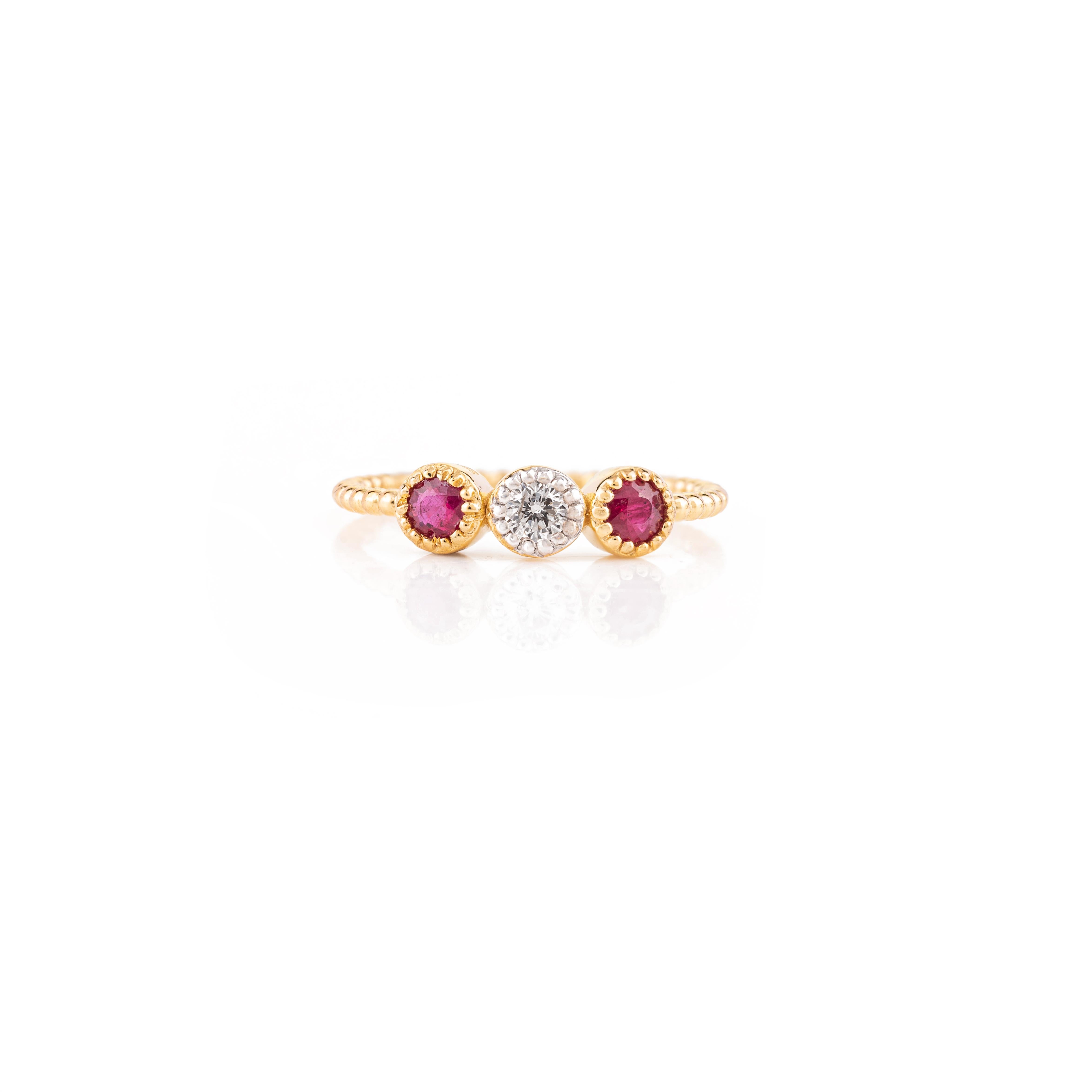 For Sale:  Dainty Diamond Cluster and Ruby Three Stone Everyday Ring in 18k Yellow Gold 3