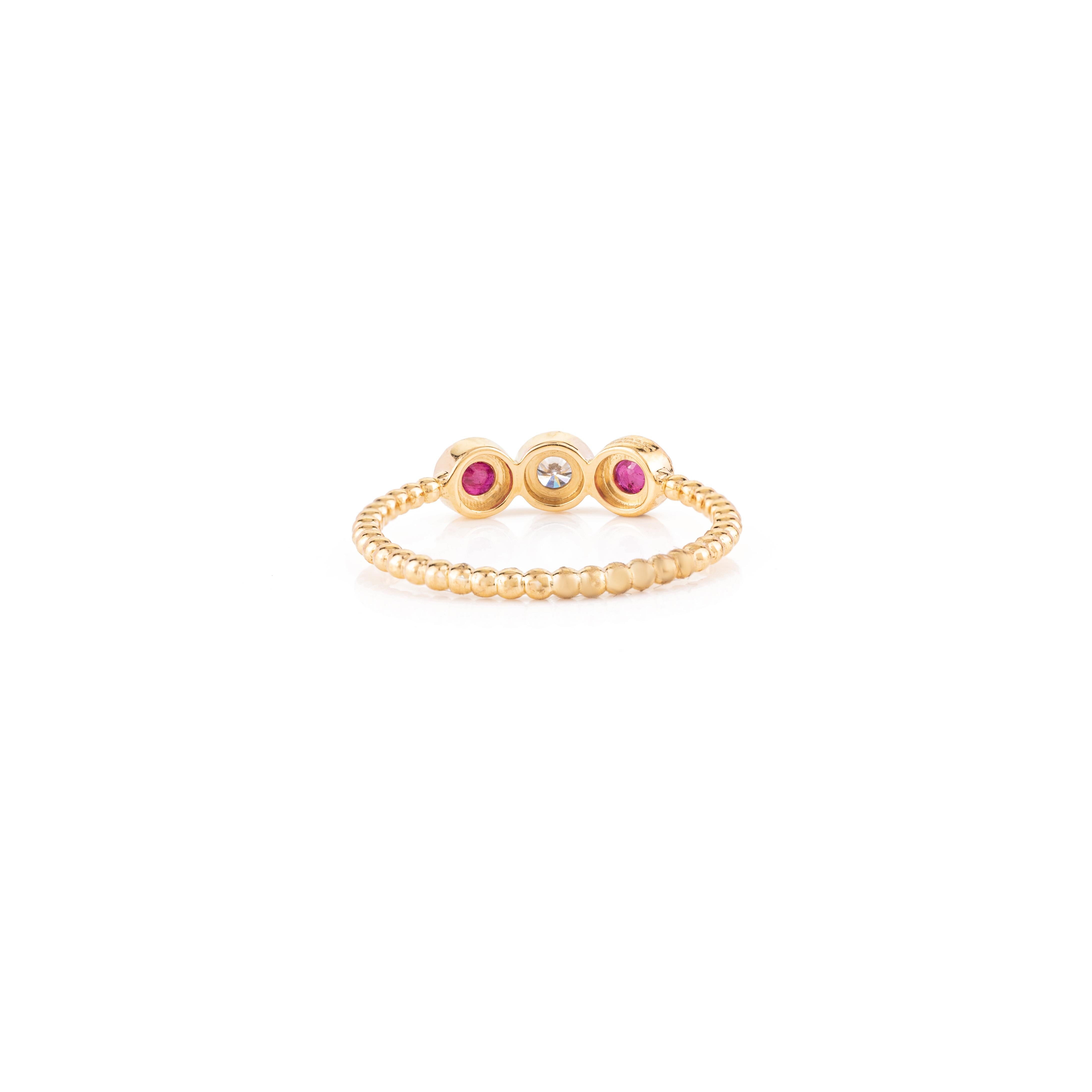 For Sale:  Dainty Diamond Cluster and Ruby Three Stone Everyday Ring in 18k Yellow Gold 7