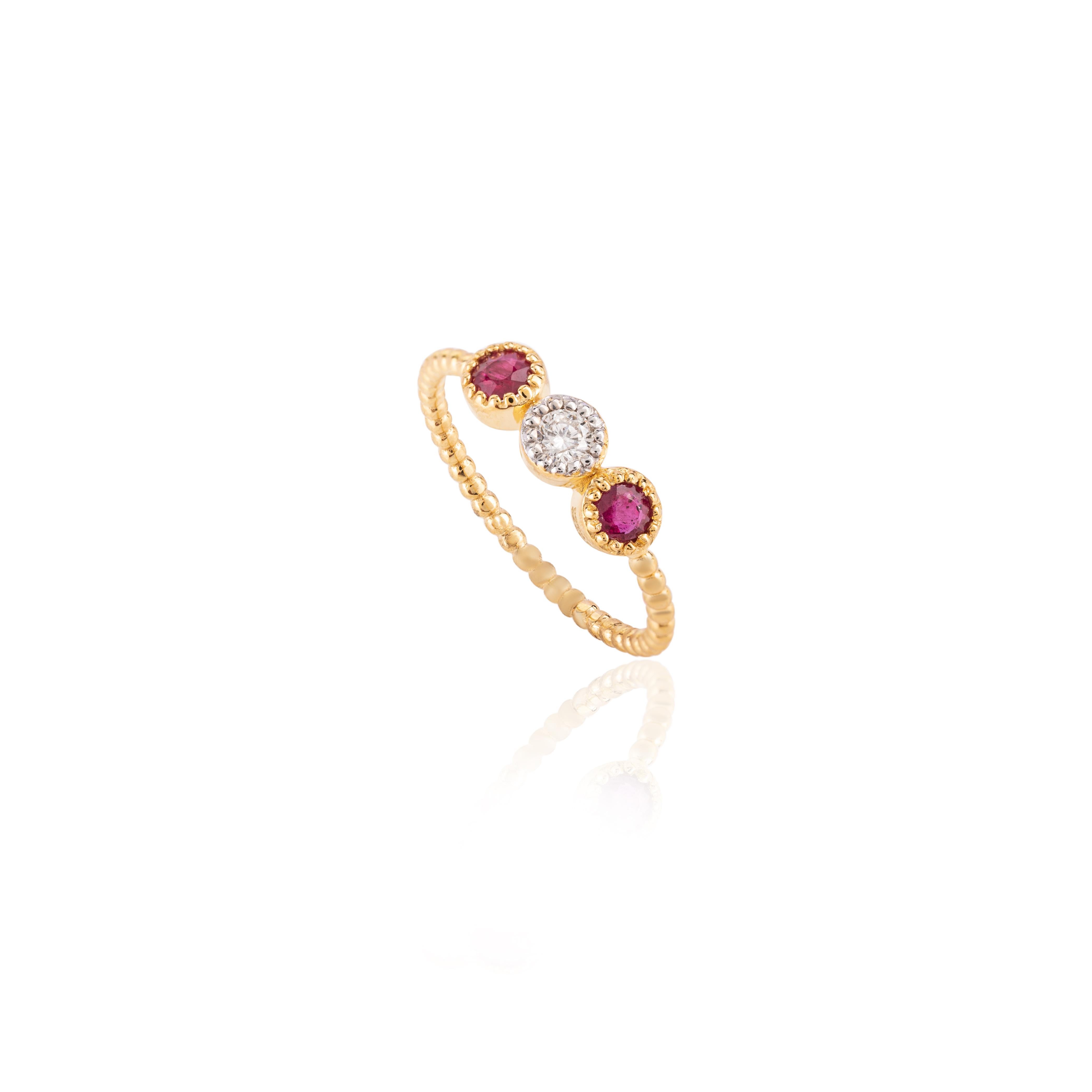 For Sale:  Dainty Diamond Cluster and Ruby Three Stone Everyday Ring in 18k Yellow Gold 8