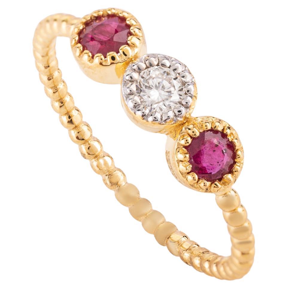 For Sale:  Dainty Diamond Cluster and Ruby Three Stone Everyday Ring in 18k Yellow Gold