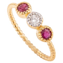 Dainty Diamond Cluster and Ruby Three Stone Everyday Ring in 18k Yellow Gold