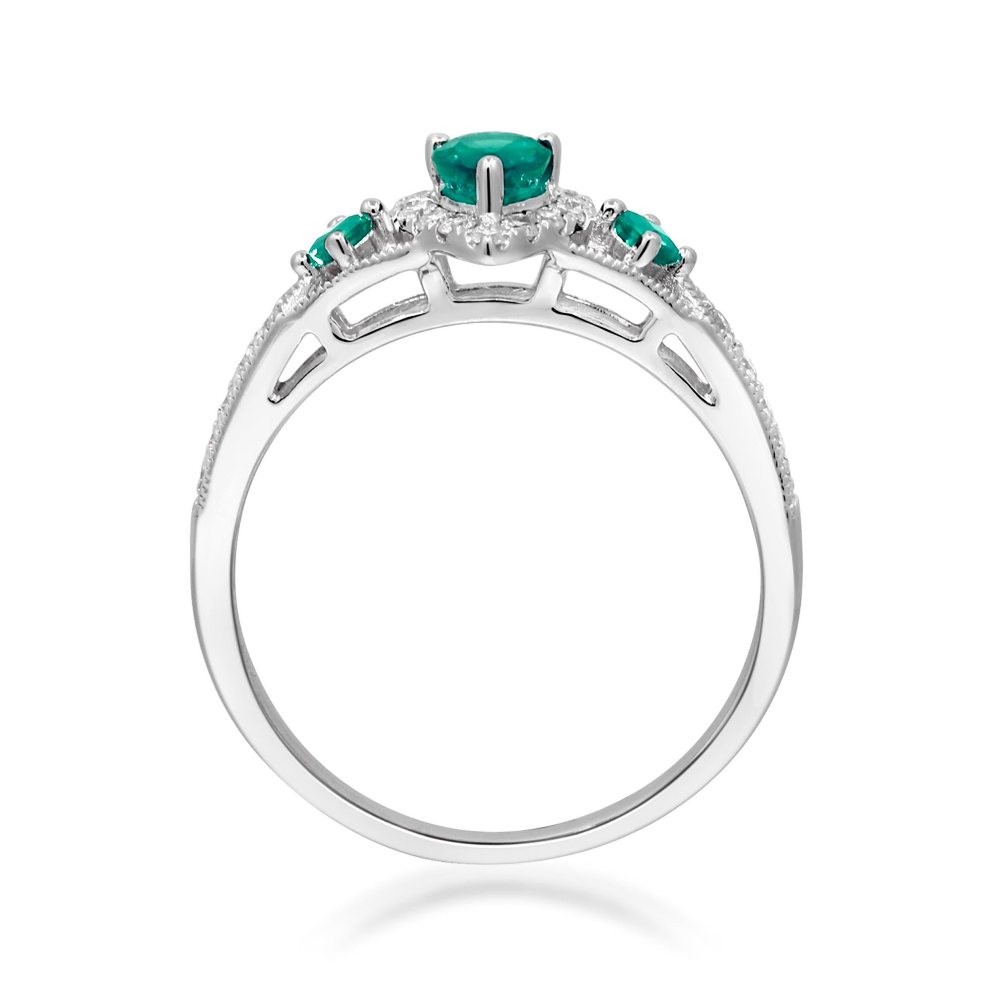 Art Deco 0.32 Carat Pear Cut and 0.10 Round Cut Emerald Diamond Accents 14KW Gold Ring For Sale