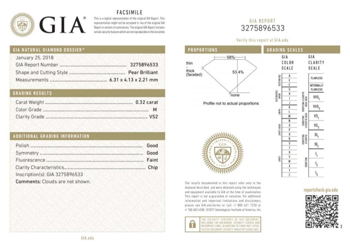 0.32 Carat Pear shape diamond VS2 Clarity GIA Certified  For Sale 3