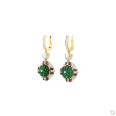 0.32 Carat Rose Cut Diamond Emerald Ruby Gold Earrings