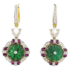 0.32 Carat Rose Cut Diamond Emerald Ruby Gold Earrings