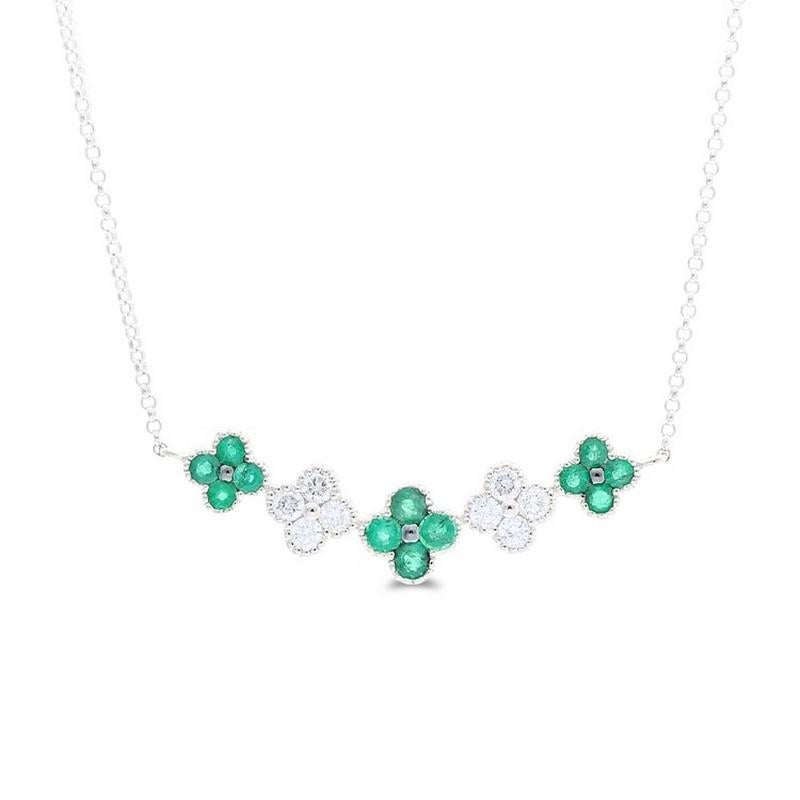 Diamond and Emerald Carat Weight: This exquisite necklace showcases a total of 0.31 carats of diamonds and 0.47 carats of emeralds. It features 8 round diamonds and 12 round emeralds, offering a captivating combination of sparkle and lush green