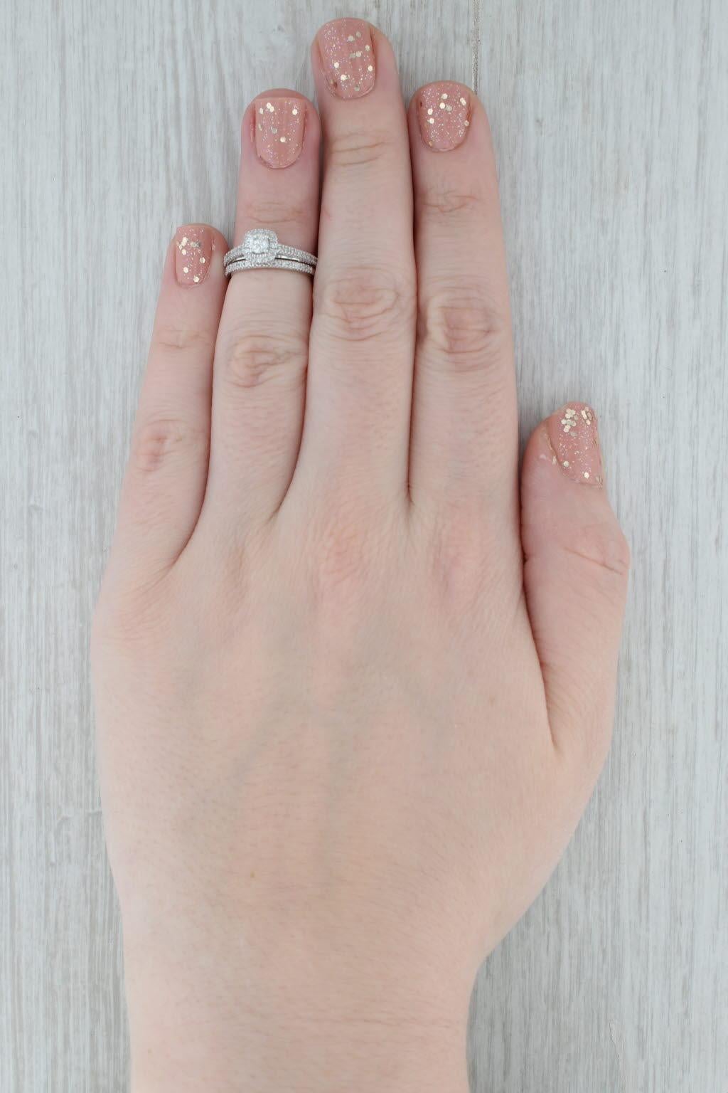 0.32ctw Round Diamond Halo Engagement Ring Wedding Band Set 14k White Gold For Sale 6