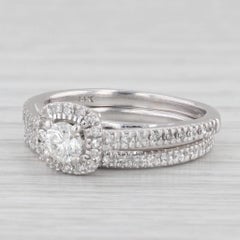 0.32ctw Round Diamond Halo Engagement Ring Wedding Band Set 14k White Gold