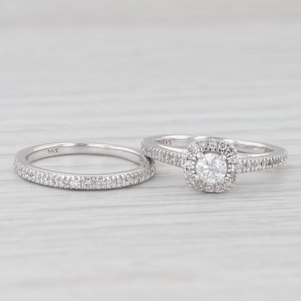 Round Cut 0.32ctw Round Diamond Halo Engagement Ring Wedding Band Set 14k White Gold For Sale