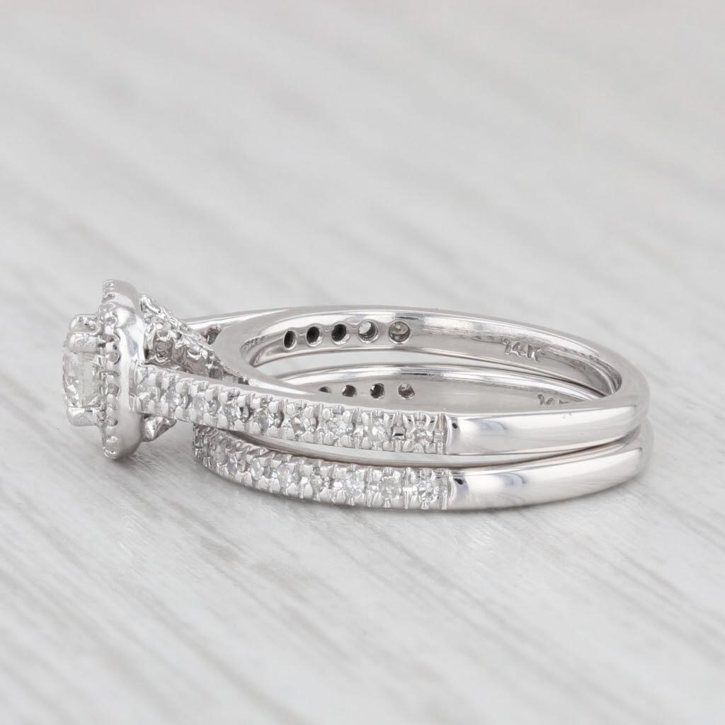 Women's 0.32ctw Round Diamond Halo Engagement Ring Wedding Band Set 14k White Gold For Sale