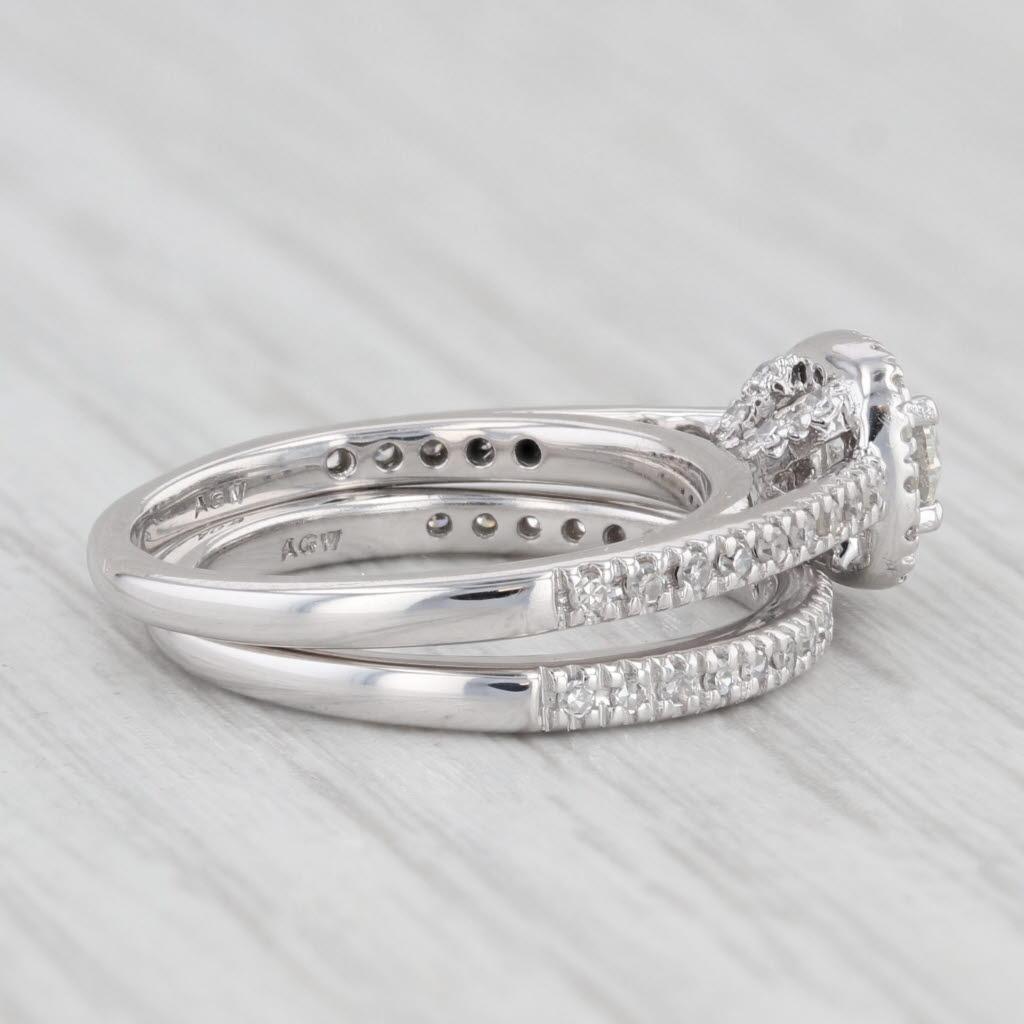 0.32ctw Round Diamond Halo Engagement Ring Wedding Band Set 14k White Gold For Sale 2