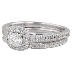0.32ctw Round Diamond Halo Engagement Ring Wedding Band Set 14k White Gold
