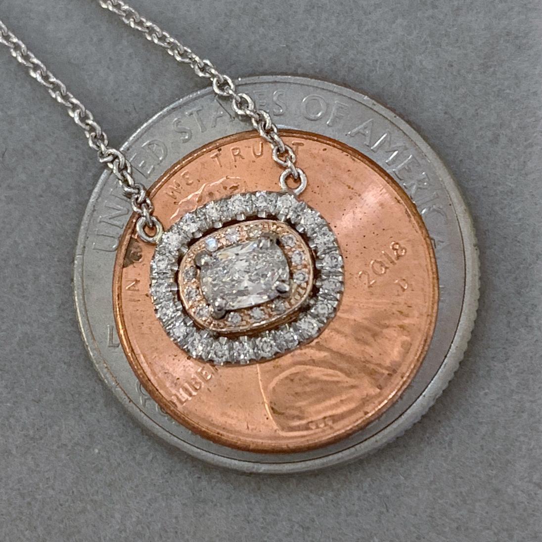 0.33 Carat Diamond in Platinum & Rose Gold Double Halo Pendant on Gold Chain In New Condition In Sherman Oaks, CA