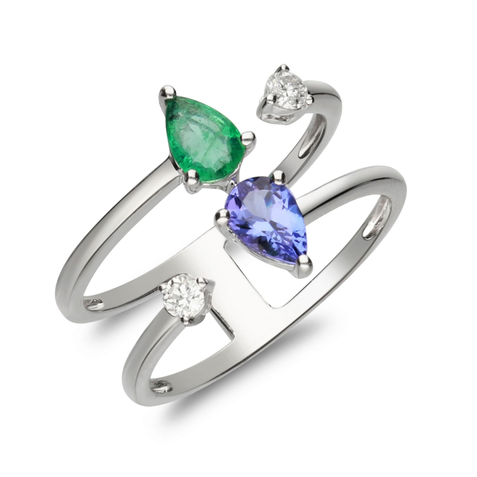 Art Deco 0.33 Carat Emerald and 0.42 Tanzanite and Diamond 14 Karat White Gold Ring For Sale