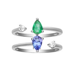 0.33 Carat Emerald and 0.42 Tanzanite and Diamond 14 Karat White Gold Ring